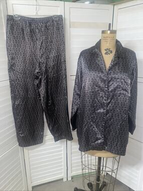 Allison Rhea Satin Pajama Set 2 Piece Pants Shirt Silver Black Sz Large